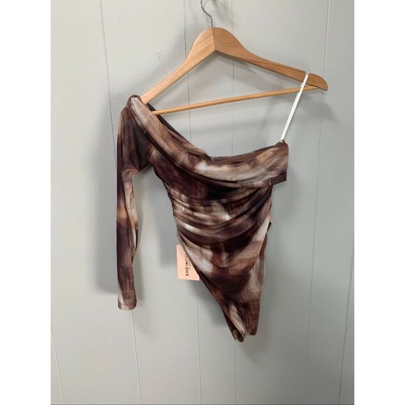 SHEIN BAE Women's Summer Tie Dye Printed Asymmetrical Collar Ruched Slim Fit Bod - Picture 4 of 8